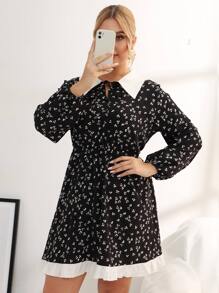 Plus Ditsy Floral Lantern Sleeve Tie Neck Ruffle Hem Dress - Black - View 4