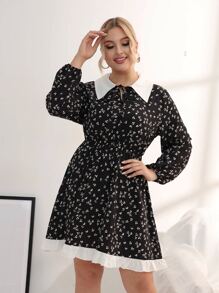 Plus Ditsy Floral Lantern Sleeve Tie Neck Ruffle Hem Dress - Black - View 5