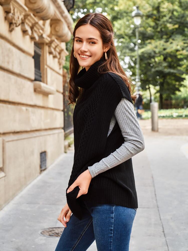 Cable Knit Turtleneck Sweater Vest Without Tee - Black - View 4