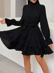 Chiquease Flounce Sleeve Shirred Neck Ruffle Hem Belted Dress - Black - View 1