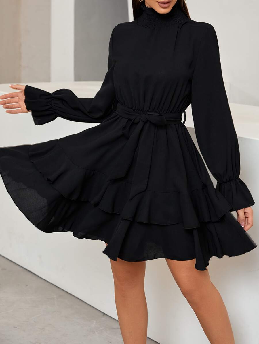Chiquease Flounce Sleeve Shirred Neck Ruffle Hem Belted Dress - Black - View 1