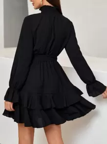 Chiquease Flounce Sleeve Shirred Neck Ruffle Hem Belted Dress - Black - View 2