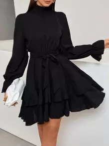Chiquease Flounce Sleeve Shirred Neck Ruffle Hem Belted Dress - Black - View 3