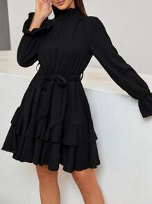 Chiquease Flounce Sleeve Shirred Neck Ruffle Hem Belted Dress - Black - View 4