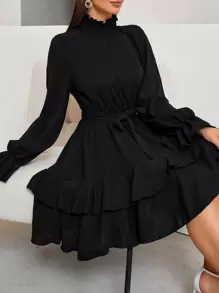 Chiquease Flounce Sleeve Shirred Neck Ruffle Hem Belted Dress - Black - View 5