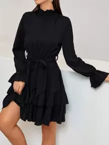 Chiquease Flounce Sleeve Shirred Neck Ruffle Hem Belted Dress - Black - View 6