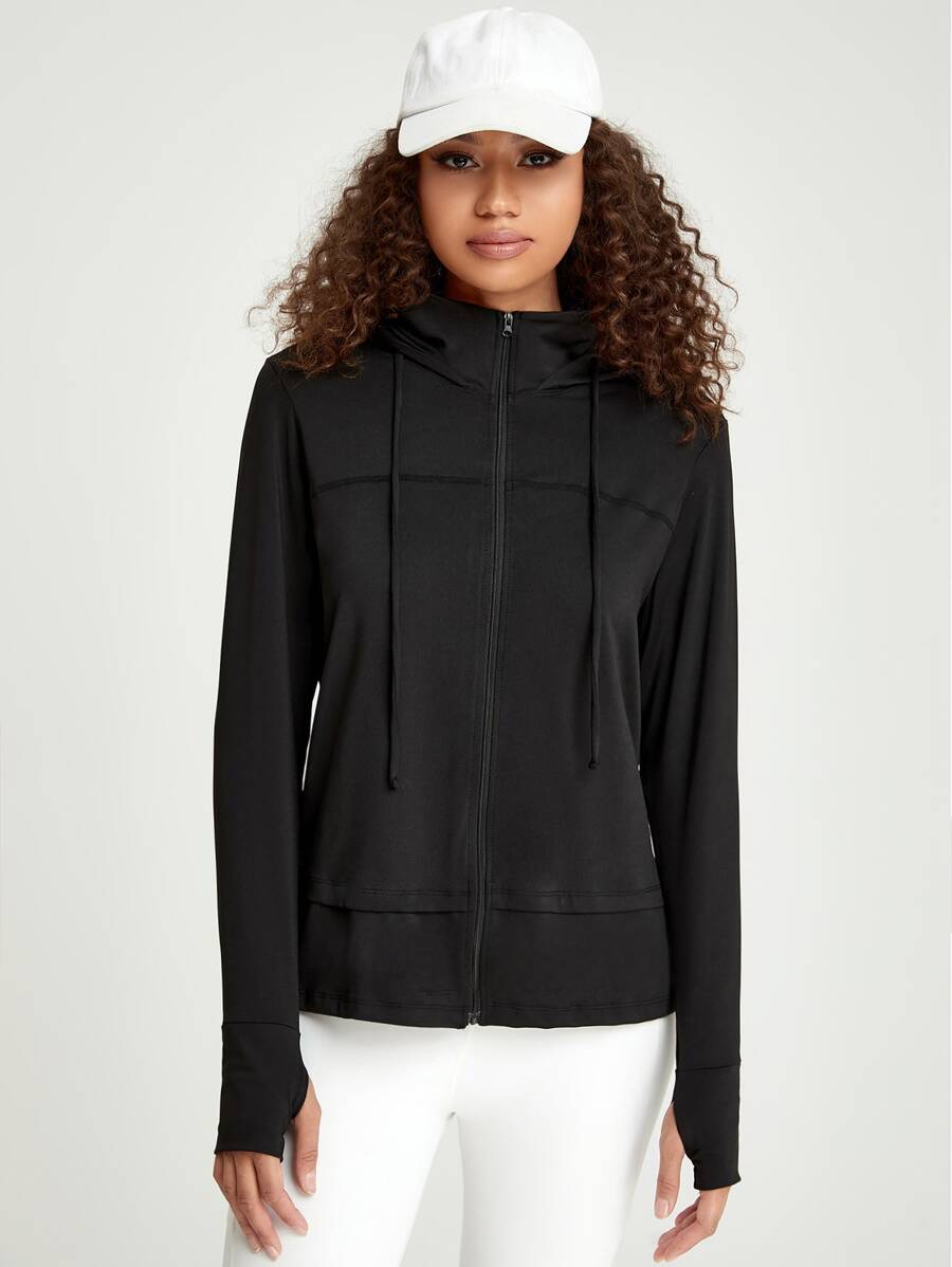 Easithlete Zipper Placket Drawstring Hooded Sports Jacket