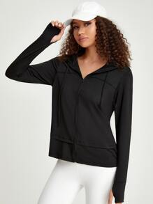 Easithlete Zipper Placket Drawstring Hooded Sports Jacket