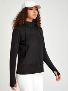 Easithlete Zipper Placket Drawstring Hooded Sports Jacket