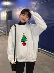Christmas Tree Embroidered Drop Shoulder Pullover - White - View 1