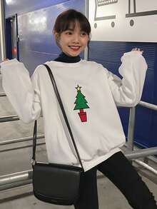 Christmas Tree Embroidered Drop Shoulder Pullover - White - View 3