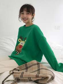 卡通馴鹿刺繡落肩袖套頭衫 - 綠色 - 查看 3
