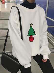 Christmas Tree Embroidered Drop Shoulder Pullover - White - View 4