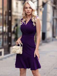 MIUSOL Surplice Neck Ruffle Hem Business Dress - Violet Purple - View 6