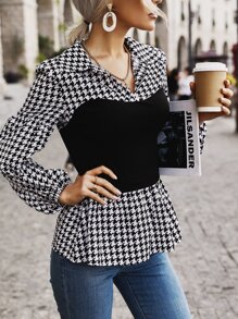 SHEIN LUNE Blusa de pata de gallo de manga obispo bajo con fruncido - Blanco y Negro - Ver 1