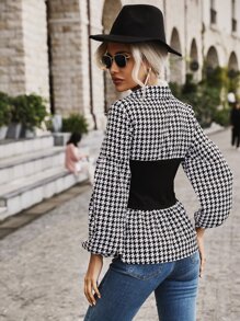 SHEIN LUNE Blusa de pata de gallo de manga obispo bajo con fruncido - Blanco y Negro - Ver 2