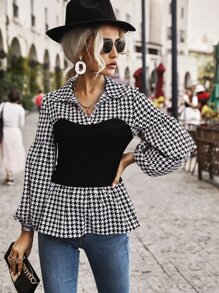 SHEIN LUNE Blusa de pata de gallo de manga obispo bajo con fruncido - Blanco y Negro - Ver 4
