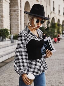 SHEIN LUNE Blusa de pata de gallo de manga obispo bajo con fruncido - Blanco y Negro - Ver 6