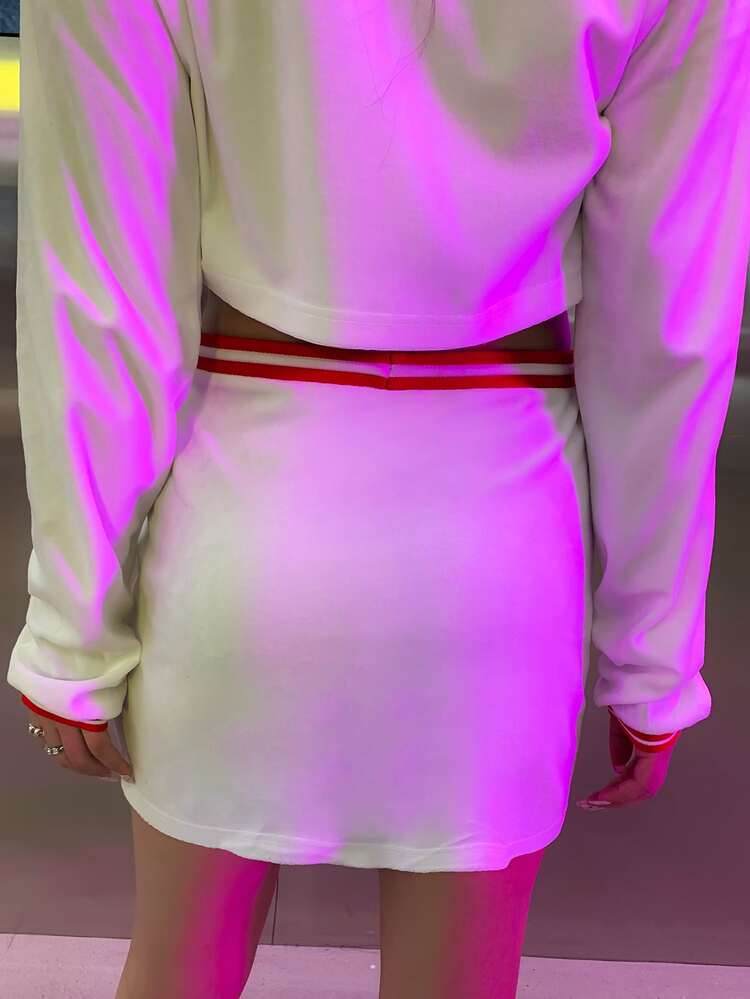 MEYSI KIM Letter Graphic Striped Trim Drawstring Waist Skirt - White - View 2