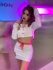 MEYSI KIM Letter Graphic Striped Trim Drawstring Waist Skirt - White - View 3