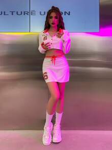 MEYSI KIM Letter Graphic Striped Trim Drawstring Waist Skirt - White - View 4