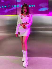 MEYSI KIM Letter Graphic Striped Trim Drawstring Waist Skirt - White - View 6