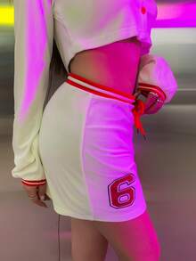 MEYSI KIM Letter Graphic Striped Trim Drawstring Waist Skirt - White - View 7