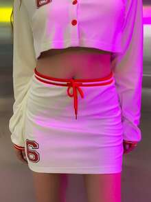 MEYSI KIM Letter Graphic Striped Trim Drawstring Waist Skirt - White - View 8