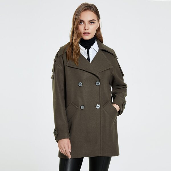 

Drop Shoulder Lapel Neck Double Button Front Overcoat, Army green