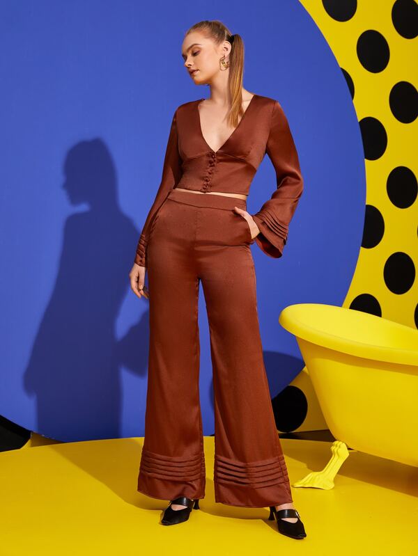 KES Pleated Trumpet Sleeve Top & Wide Leg Pants
