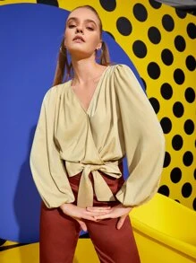 KES Blusa de manga farol con nudo delantero, de estilo casual pero elegante para oficina