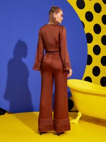 KES 褶襉喇叭袖上衣和闊腿褲 - 棕色 - 查看 2