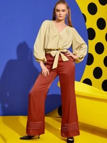 KES Blusa de manga farol con nudo delantero, de estilo casual pero elegante para oficina