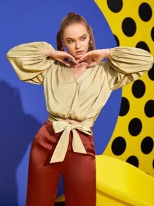 KES Blusa de manga farol con nudo delantero, de estilo casual pero elegante para oficina