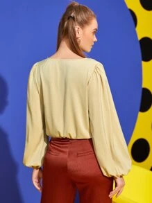KES Blusa de manga farol con nudo delantero, de estilo casual pero elegante para oficina
