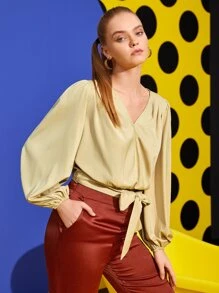 KES Blusa de manga farol con nudo delantero, de estilo casual pero elegante para oficina