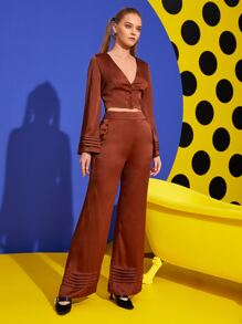 KES 褶襉喇叭袖上衣和闊腿褲 - 棕色 - 查看 5