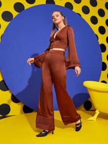 KES 褶襉喇叭袖上衣和闊腿褲 - 棕色 - 查看 6