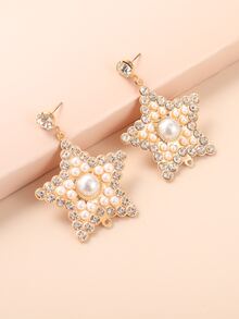 Faux Pearl & Rhinestone Star Drop Earrings - Multicolor - View 1