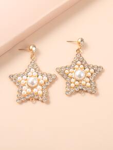 Faux Pearl & Rhinestone Star Drop Earrings - Multicolor - View 2