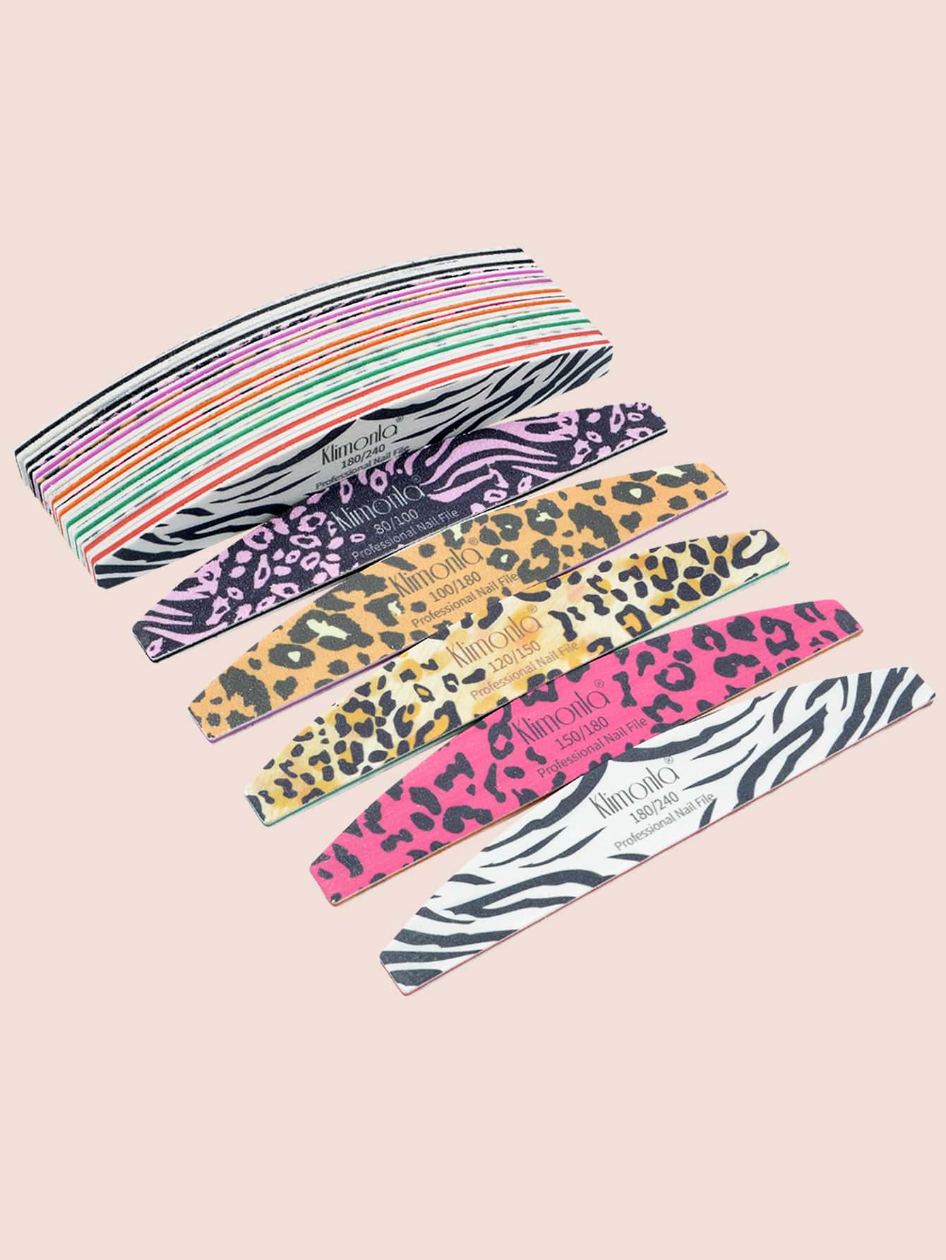 klimonla 豹纹美甲锉套装，亚克力美甲锉100/180目，混合粗细，专业美甲沙龙用品，符合人体工学的彩色边框设计，每种颜色各1支。（5支装） - 彩色 - 查看 1