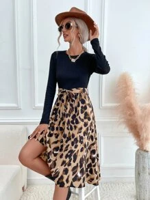 SHEIN LUNE Graphic Print Belted A-line Dress - Multicolor - View 1