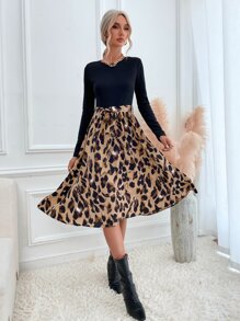 SHEIN LUNE Graphic Print Belted A-line Dress - Multicolor - View 3