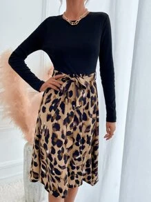 SHEIN LUNE Graphic Print Belted A-line Dress - Multicolor - View 5