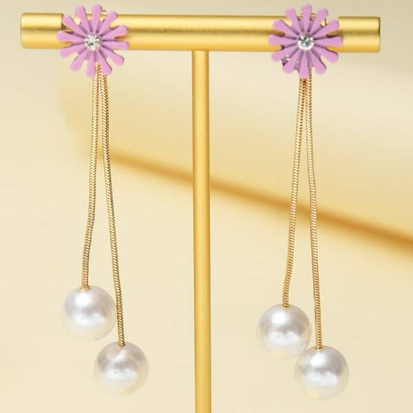 

Flower Decor Faux Pearl Drop Earrings, Gold