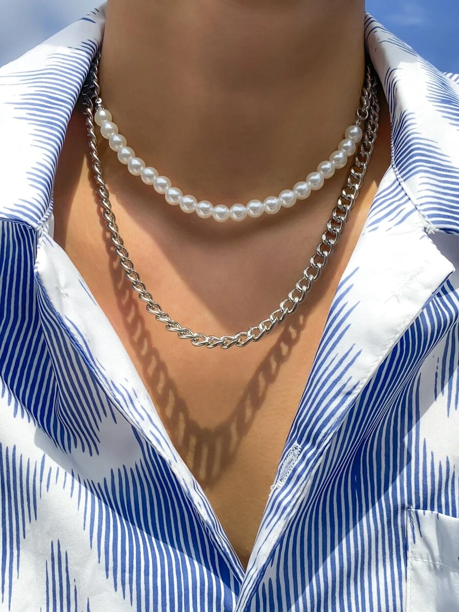 2入組男士人造珍珠裝飾項鍊 - 銀色 - 查看 1