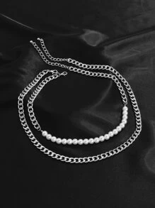 2入組男士人造珍珠裝飾項鍊 - 銀色 - 查看 2