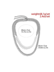 2入組男士人造珍珠裝飾項鍊 - 銀色 - 查看 3