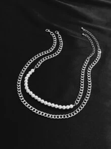 2入組男士人造珍珠裝飾項鍊 - 銀色 - 查看 4