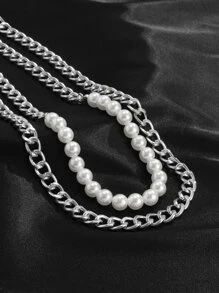 2入組男士人造珍珠裝飾項鍊 - 銀色 - 查看 5